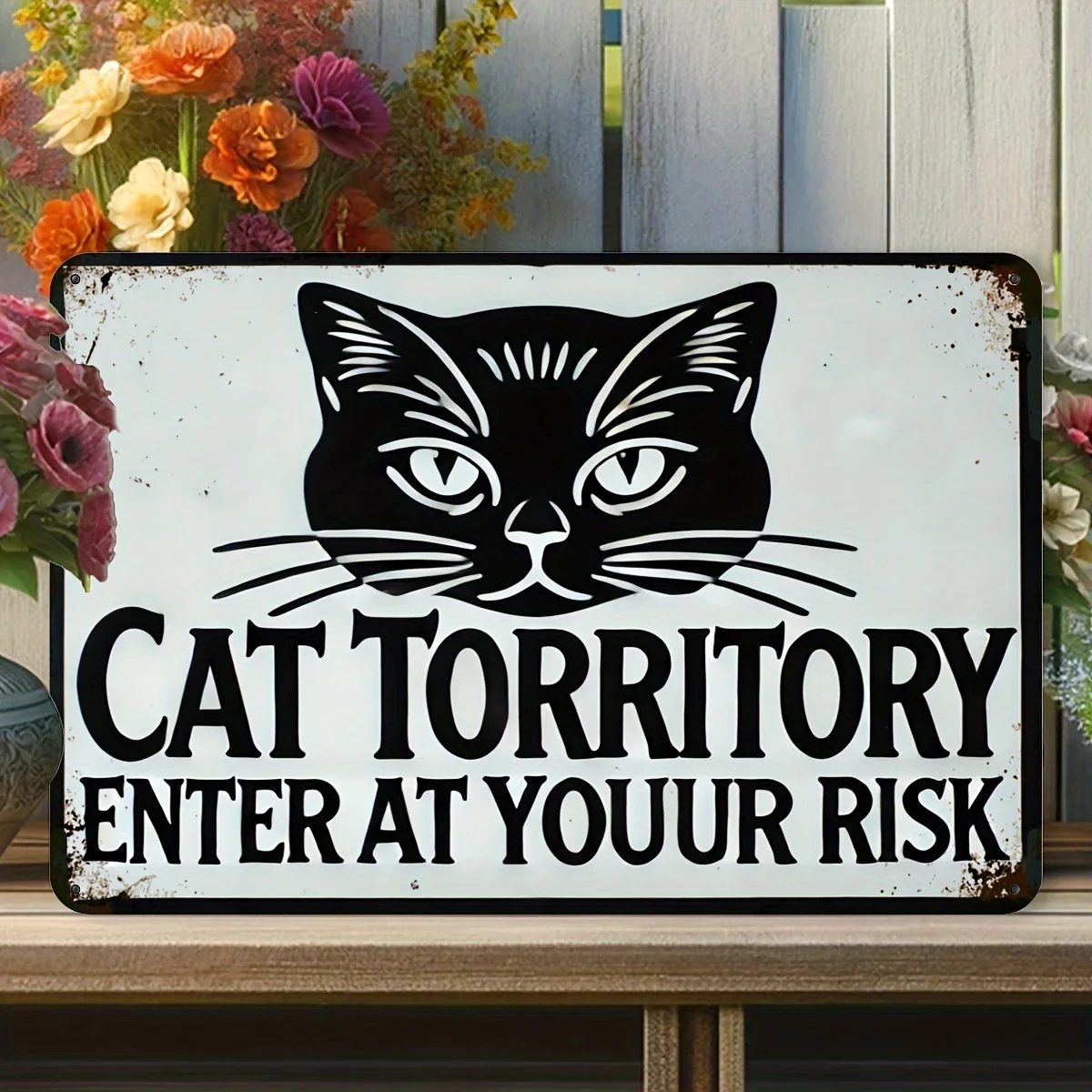 Cat Territory - "Enter at Your Own Risk" Metal Wall Art, , Rustic Black & White Design for Home, Bar, Garden Decor, Unique Gift