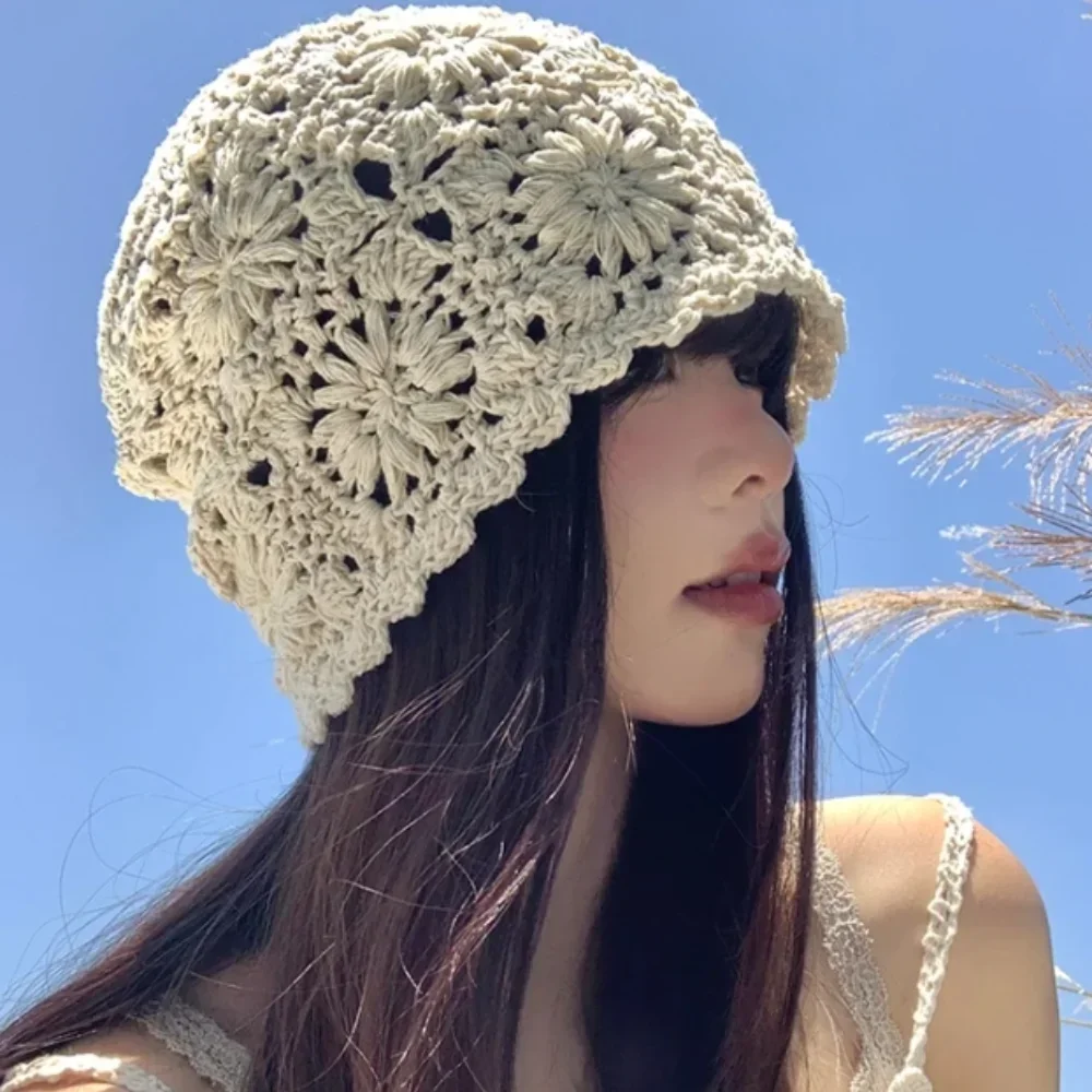 Gorro de punto japonés con cabeza hueca de ganchillo hecho a mano, turbante informal Retro para primavera y verano, gorro de malla de melón a la moda, Jersey, sombrero transpirable