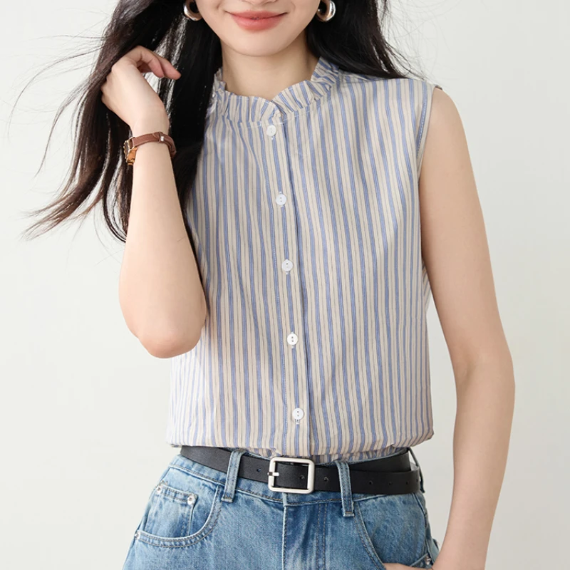 Camisa informal para mujer, camiseta sin mangas con una hilera de botones, ropa Popular coreana, Tops a rayas para primavera/verano 2025