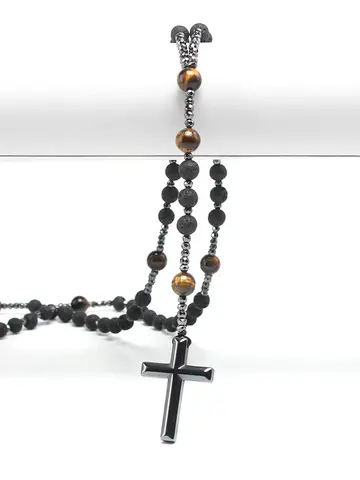 Natural Lava Stone Tiger-eye Beads Long Necklace with Hematite Cross Pendant for Men Rosary Jewelry