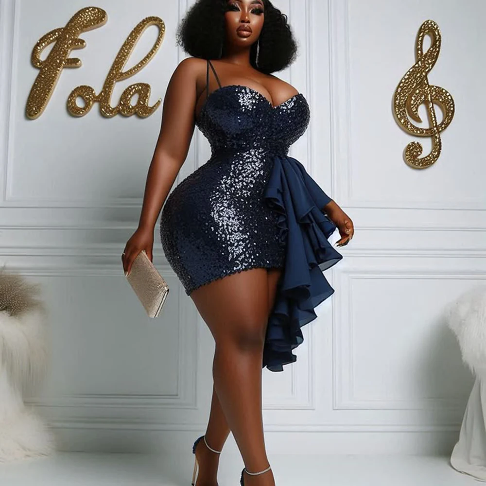 

Dark Navy Sequined Prom Dresses Asl Ebi Plus Size Above Knee Mini Evening Gowns African Girls Cocktail Party Dress
