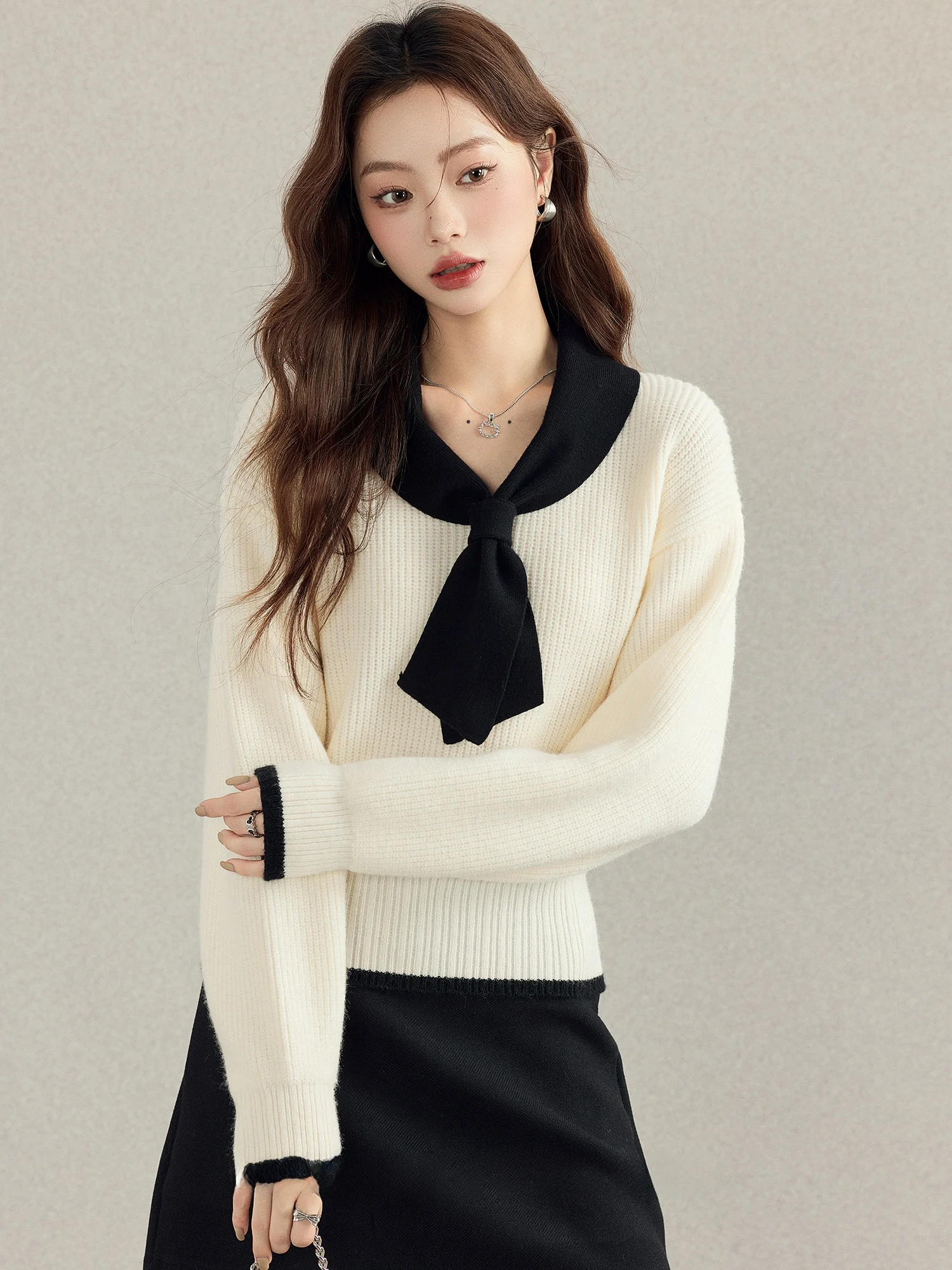 

Вязаный свитер XiaoKe Design с V-образным вырезом и вставками, свободного кроя, женский, осенне-зимний, повседневный, приталенный топ