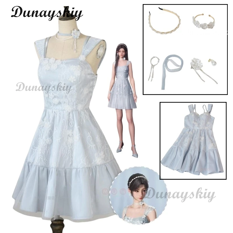 

Game Love And Deepspace Cosplay Mc Protagonist Blue Dress Outfit Costume Fashion Party Woman Skirt Headband Necklace