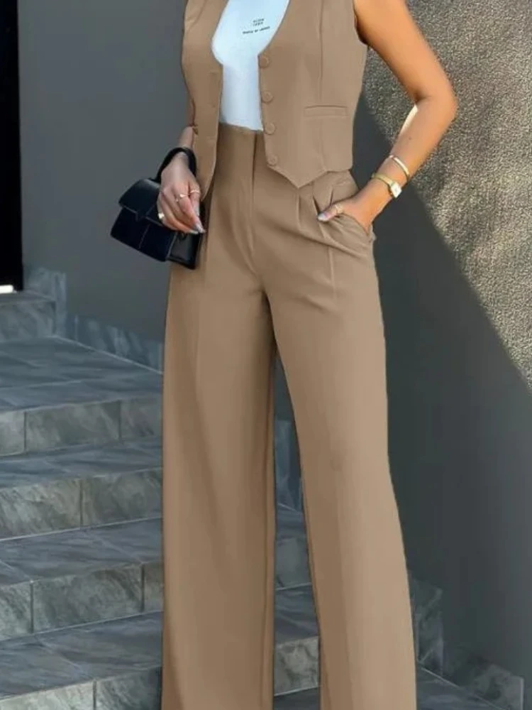 Hosen-Sets für Damen, weite Hosen, zweiteiliger Anzug, einreihig, ärmellos, hohe Taille, elegante Hosen mit Taschen, einfarbig, Oberbekleidung