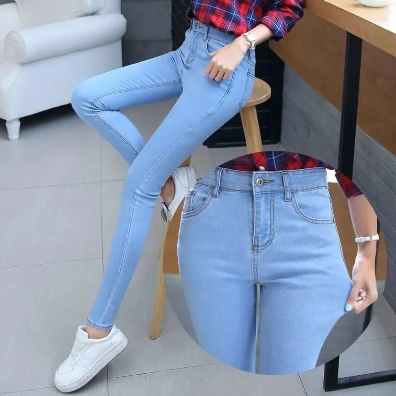 

Skinny Women's Stretch Jeans Slim Fashion Korean Pencil Pants 2025 Autumn Vintage Black Gray Blue Washed Mom Jeans Leggings