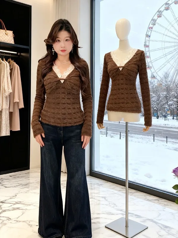 

plus Size Lace Splice oulder V-Ne T-irt Women's Autumn Winter Thiened Base irt Top Casual Sle Long Sve