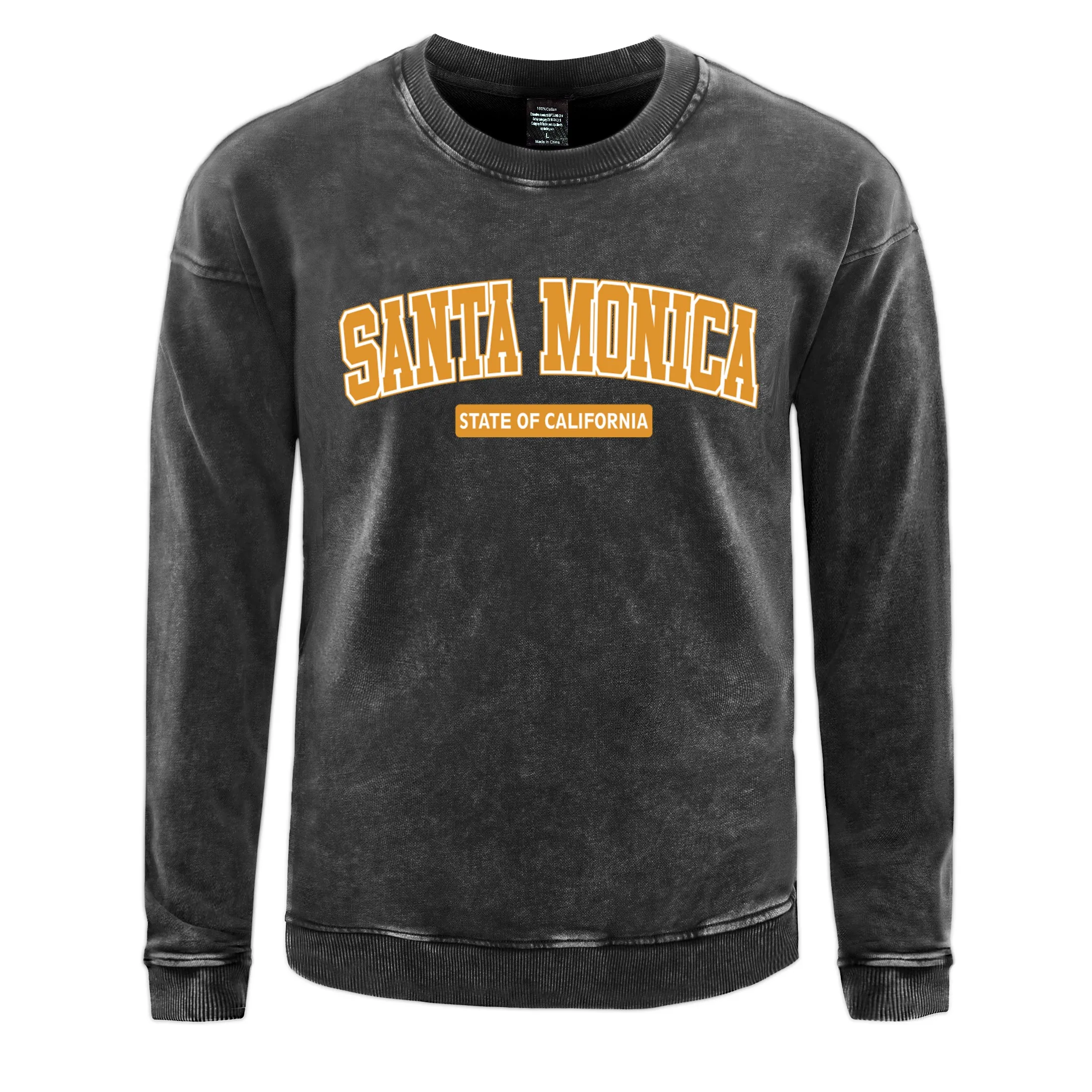 Santa Monica State Of California   Men Pullovers Harajuku Cotton Washed Sweatshirt Trendy Crewneck Top Oversize Streetwear