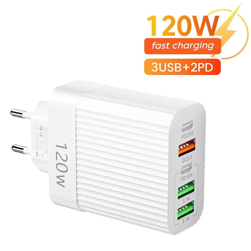 USB Fast Charger 5 Ports 120W PD Type C Quick Charging Mobil