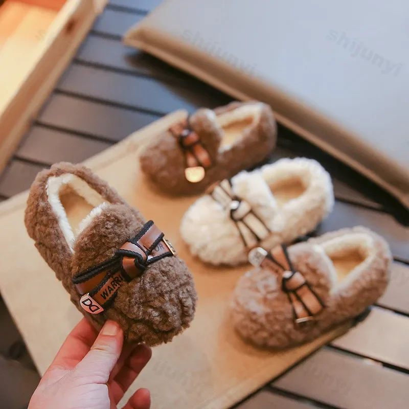 New Girls Winter Shoes Fashion Bowknot Mary Janes Shoes Children Cotton-Padded Shoes Warm Plush Kids Non-slip Flats Baby Toddler
