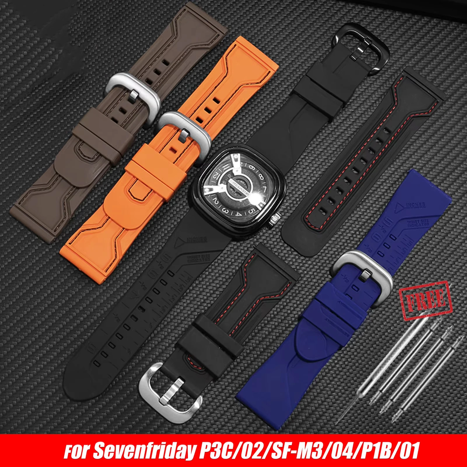 WatchBands for Seven Friday Rubber Watch Scale Strap Waterproof Band Sevenfriday logo Bracelet Belt Men P3C/02/SF-M3/04/P1B/01