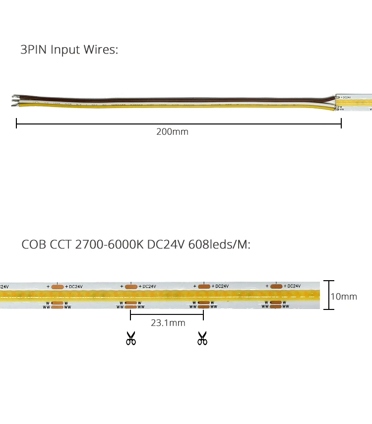 2pin Wires Input 2700K-6500K Color Change Dimmable COB LED Strip Tape Linear Lights Kit 5M Remote Control 24V 100W Power CRI90