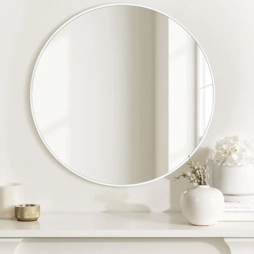 

24 Inch Round White Bathroom Vanity Mirror, Tempered Glass Wall Mirror for Entryway or Living Room