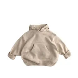 New Arrival Unisex Kids Boys Girl Hoodie Knit Pullover Sweater Loose Style Toddler Front Pocket Design Knitwear Coat