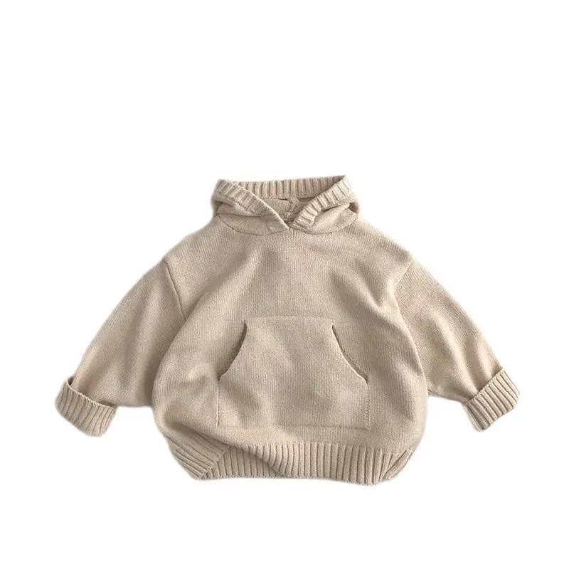 New Arrival Unisex Kids Boys Girl Hoodie Knit Pullover Sweater Loose Style Toddler Front Pocket Design Knitwear Coat