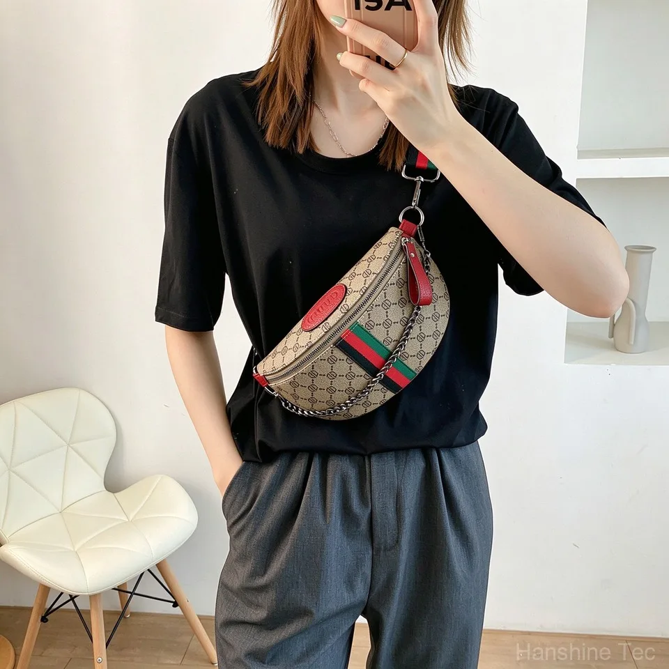 Hot Sale Classic Geometric Pattern Crossbody Bag, Lightweight PU Zipper Waist Bag with Adjustable Striped Strap, Fashion Commute