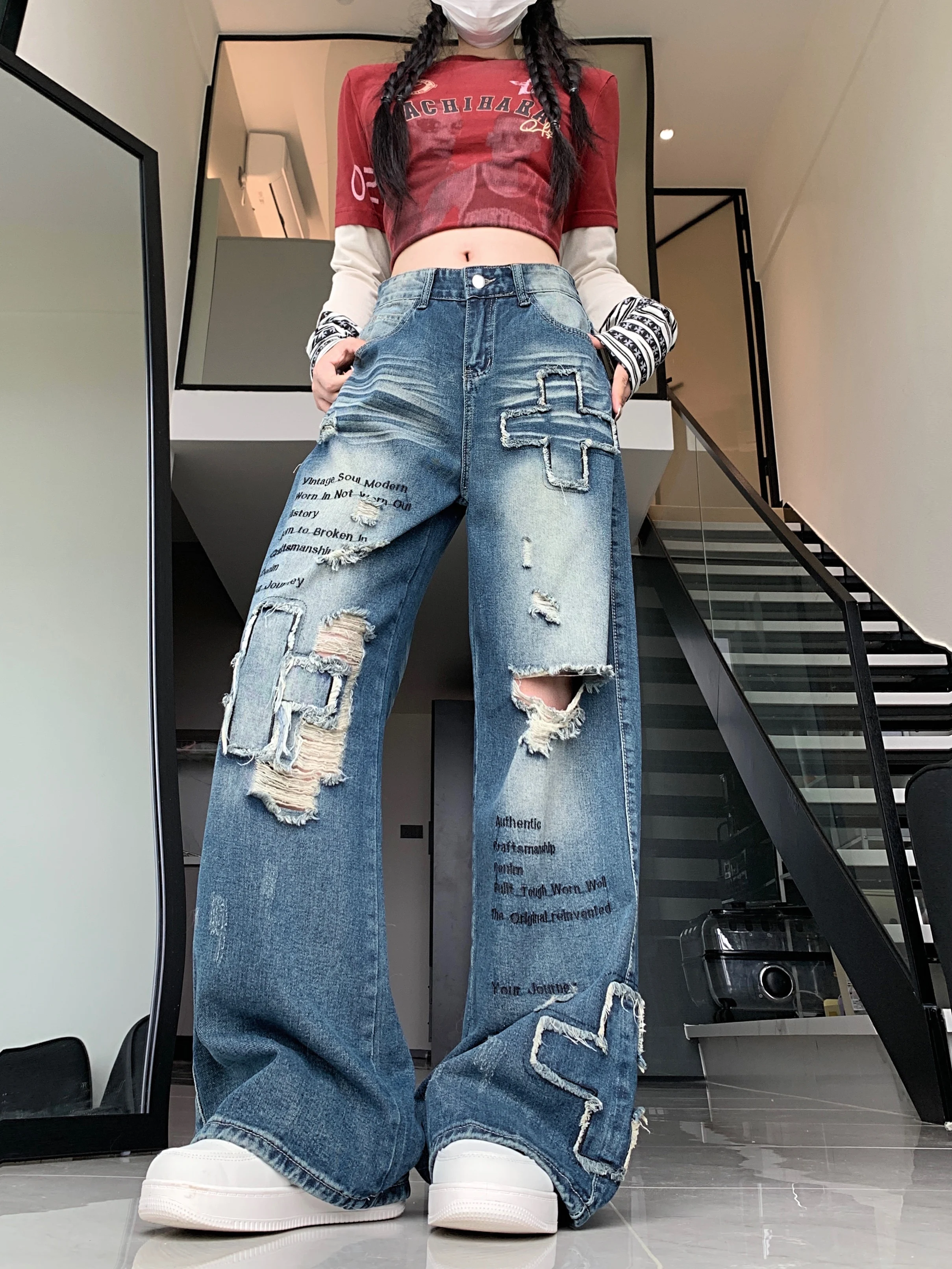 Dames Y2k Blue Jeans Cargo Baggy Esthetische jaren 90 Vintage Broek Harajuku Streetwear Jaren 2000 Emo Trashy Denim Broek Kleding Nieuw