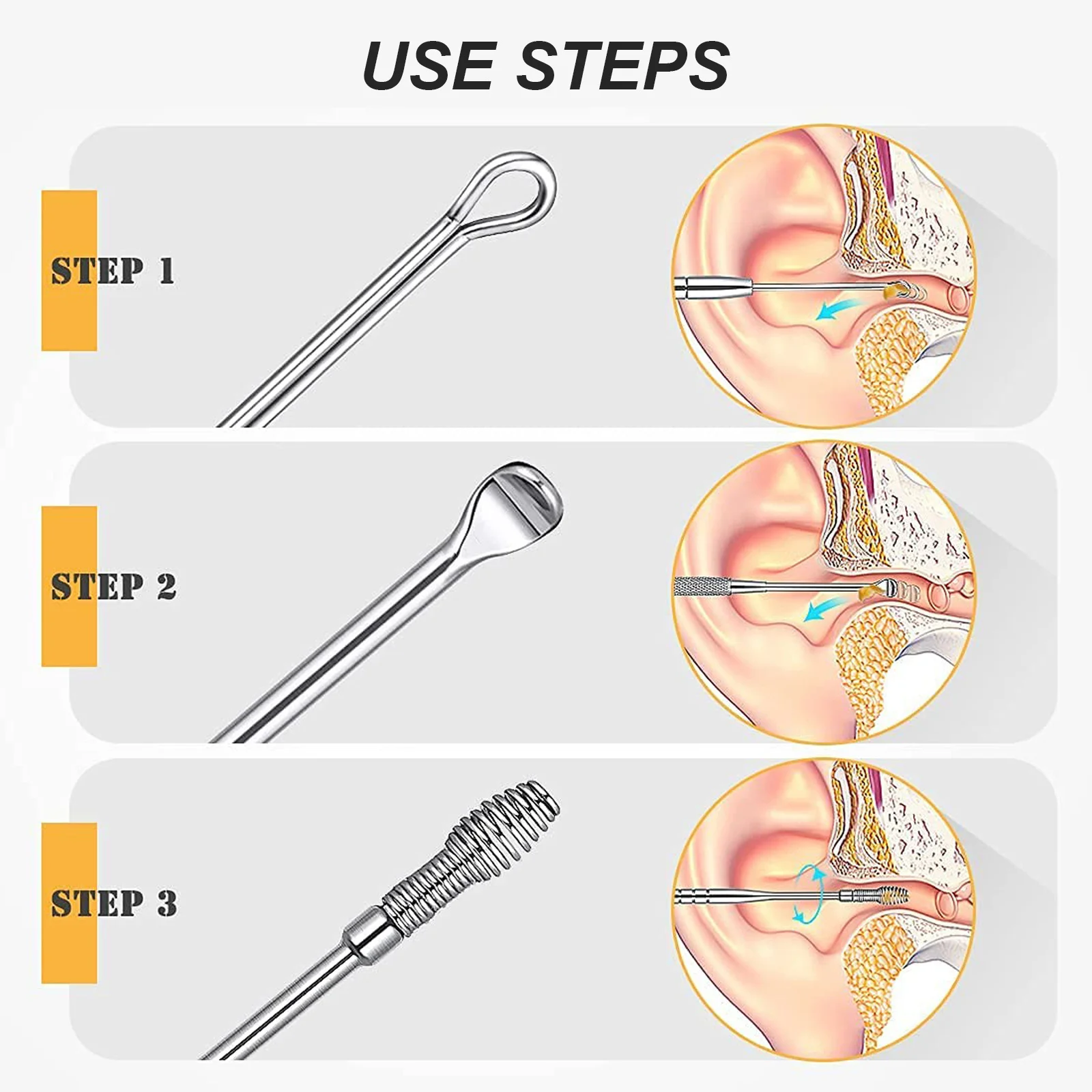 

1 комплект, 1 комплект инструментов для удаления ушной серы, набор для чистки ушей из нержавеющей стали, портативные совки для удаления ушной серы для семейного использования в путешествиях