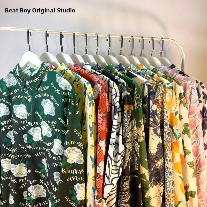 

Ele Vintage Floral Print Long Sve Men's irt Loose Fit Summer Hawaiian Sle Couple's Cheered irt Polyester Fiber