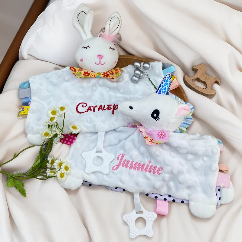 

Personalised Baby Comforter Blanket with Silicone Teether Organic Cotton Tower Newborn Shower Gifts