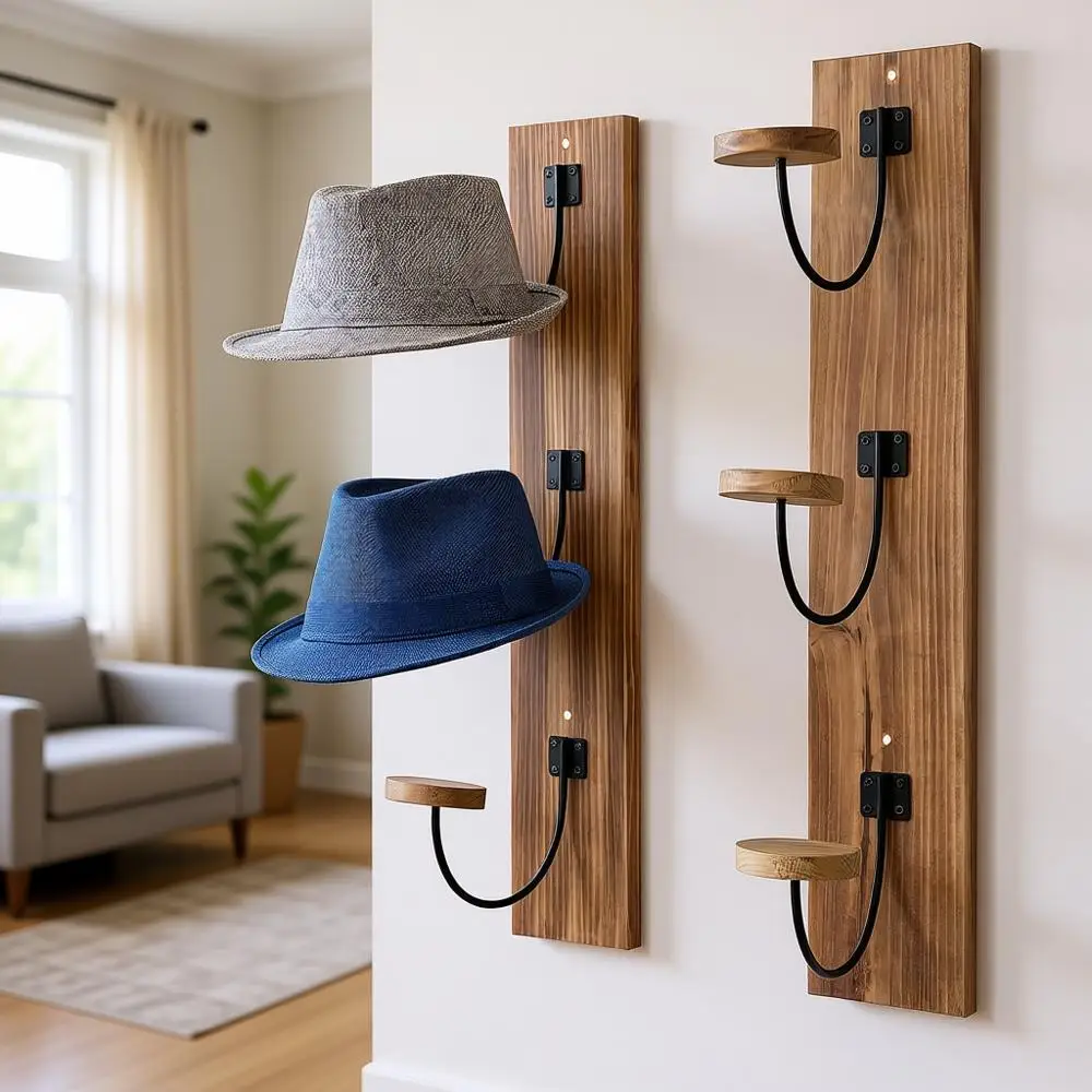 

2-Piece Wall-Mounted Hat Rack, Cowboy Hat Organizer with Metal and Wooden Hooks, Light Burnt Finish