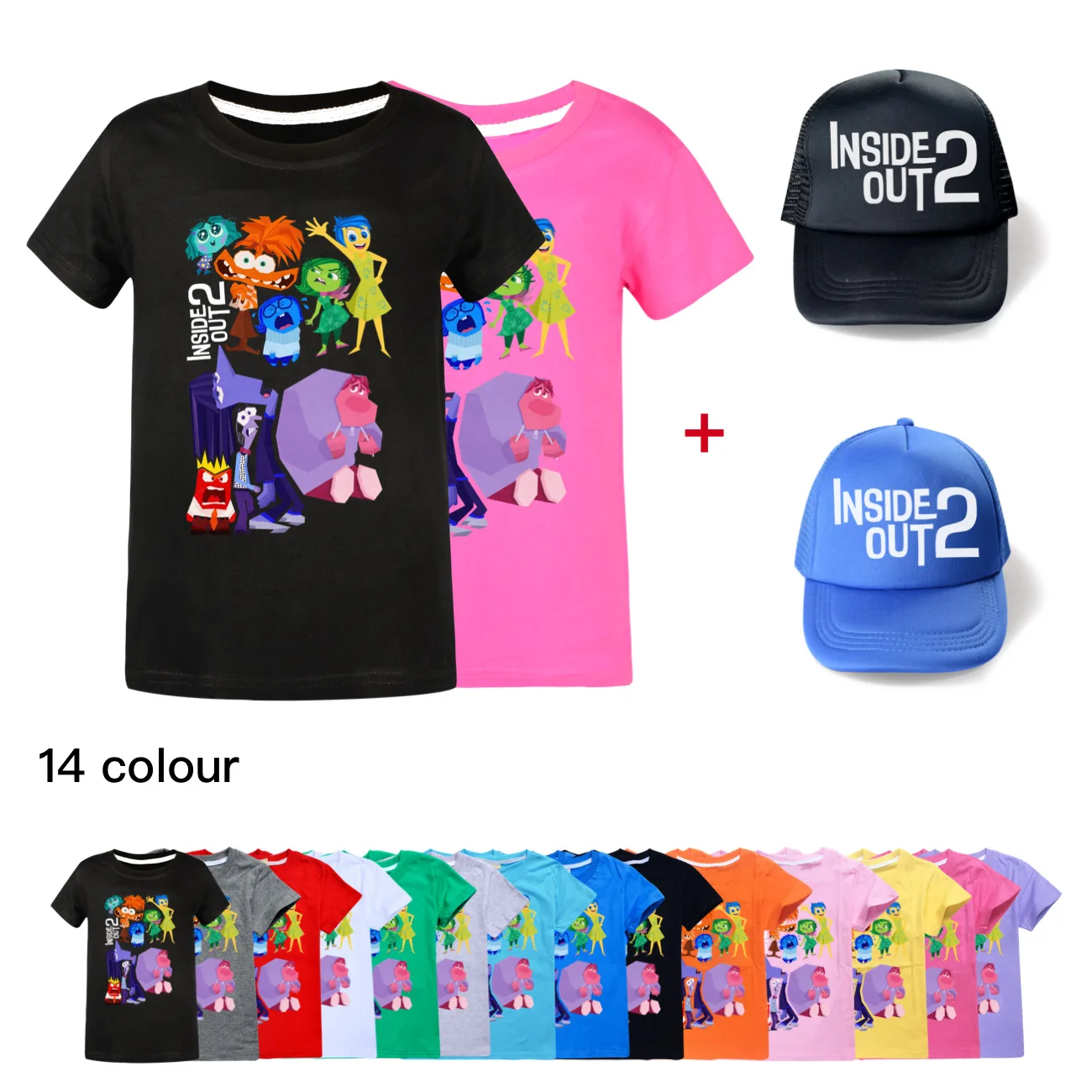 

New Movie Inside Out 2 Tshirt Kids Cartoon Clothes Boys Cotton T-shirts & Sunhat Baby Girls Short Sleeve Tops Children Clothing