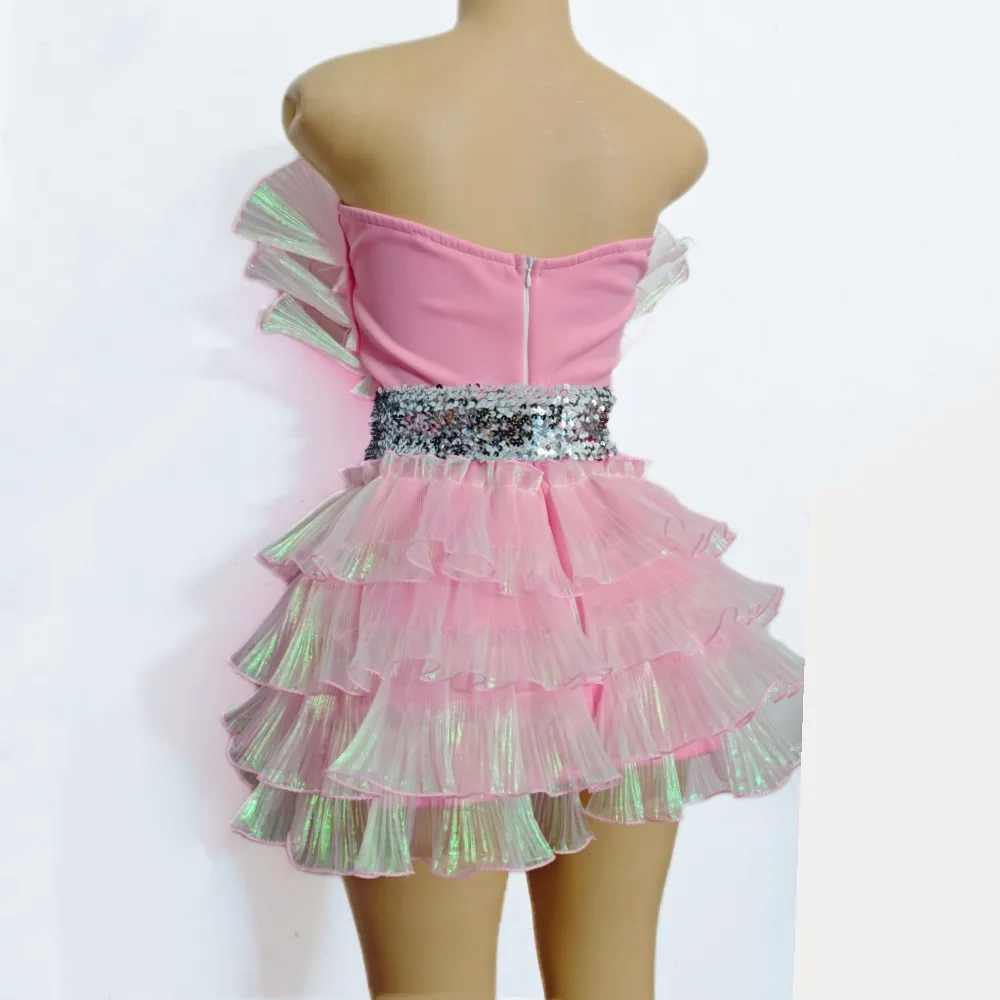 Mini robe de bal rose en gaze moelleuse, Sexy, sans bretelles, pour femmes, anniversaire, mariage, Banquet, soirée, Costume de scène de chanteur