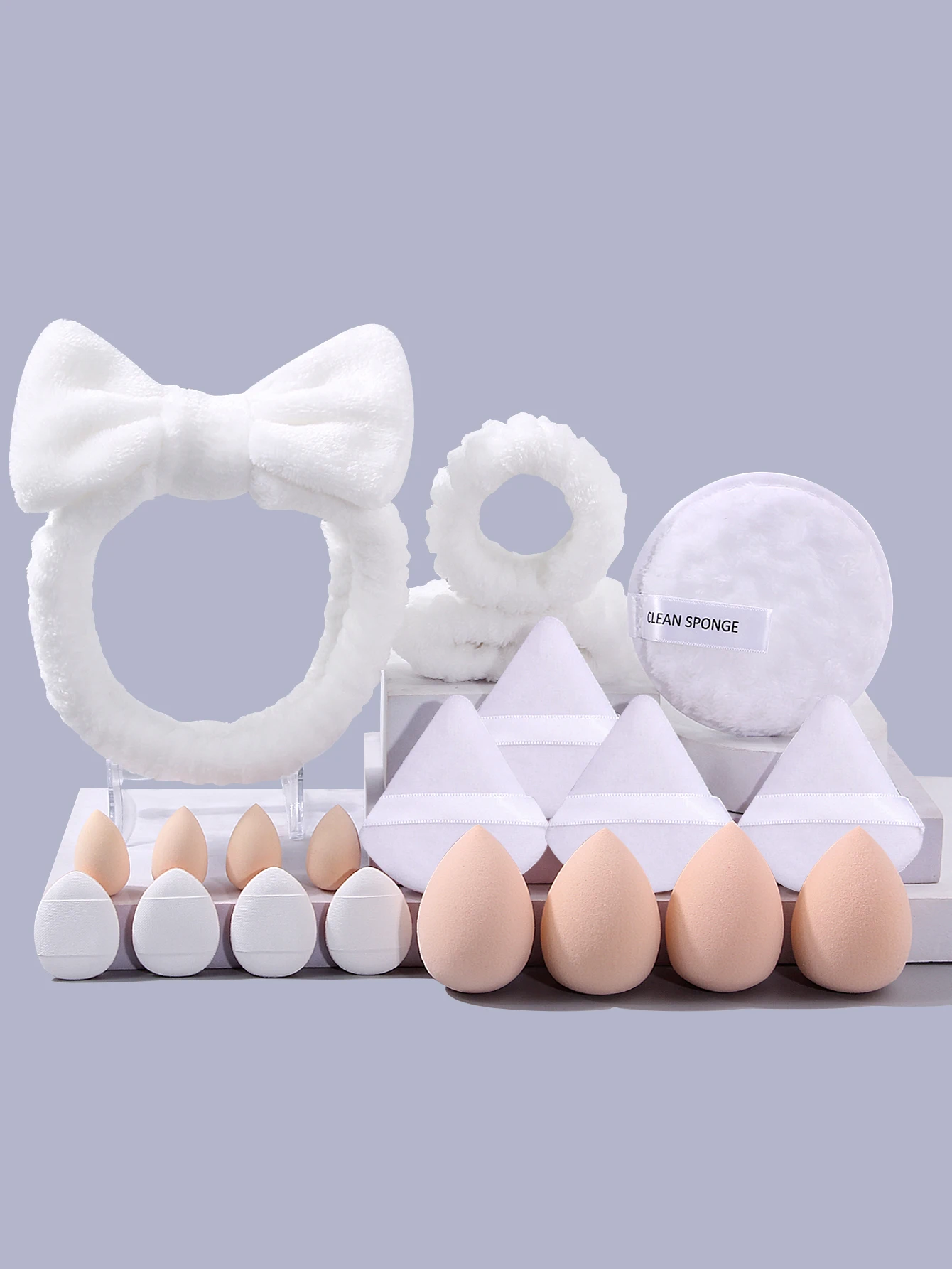 Juego de herramientas de maquillaje y limpieza facial profesional de 20 piezas, incluida esponja en polvo, banda para el cabello, muñequera y esponja para lavado de cara