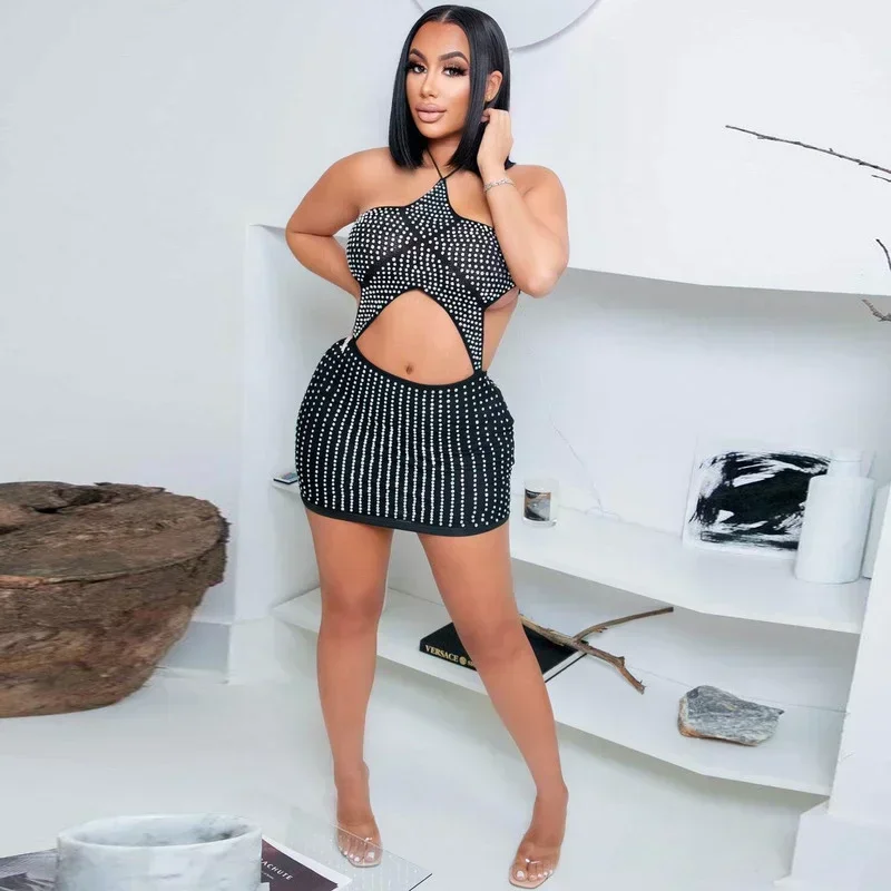 GUWU Hot Rhinestones Cut Out Halter Backless Sleeveless Bodycon Mini Dress  Sexy Party Club Diamonds Women Dresses