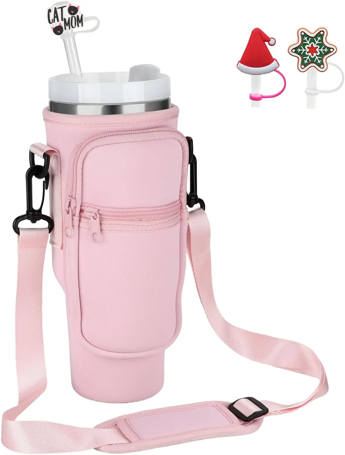 Pink Water Bottle Carrier Bag for 40oz Tumbler with Handle,Water Bottle Cup Holder Pouch with Adjustable Shoulder Strap