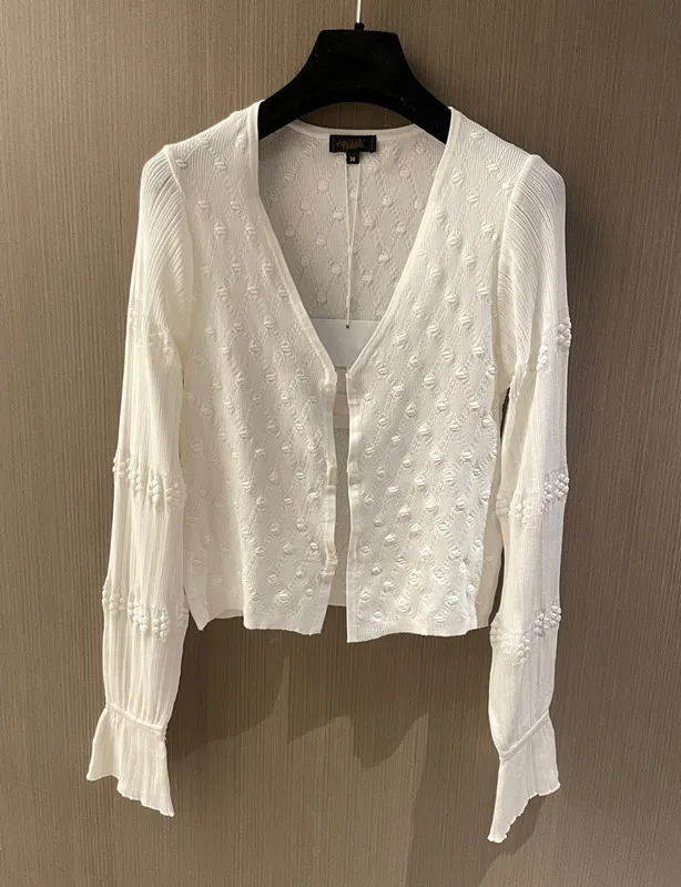 

Elegant Spring 2026 Silk-Cotton Knit Cover-Up – Textured V-Neck with Flared Bell Sleeves & Sparkling Rhinestone Buttons