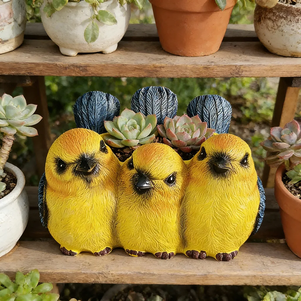 Pote plantador suculento de pássaros amarelos, vaso de flores animal fofo de resina, mini mesa e decoração de jardinagem para varanda