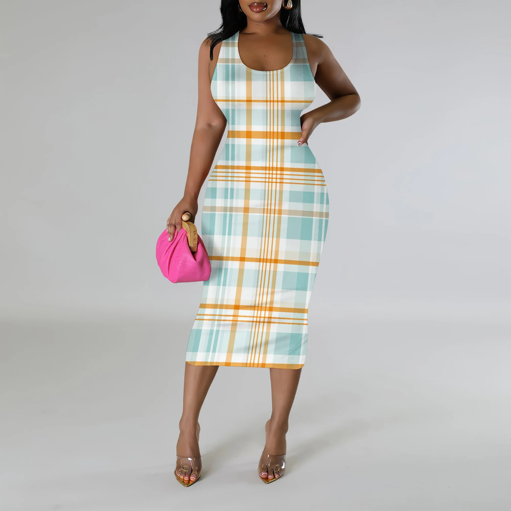 

Women’s Red White Checkered Print Midi Dress XS-3XL Sexy Sleeveless Slim Fit for Easter, Mother’s Day & Beach Holiday