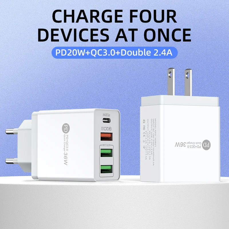 

American And European Mobile Phone Charger Four-port 36W Charging Head PD20W+QC3.0 USB Fast Charging Head Set