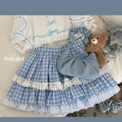 Summer Japanese Harajuku Girls Polka Dot Lace Panel Stitching High Waist Blue Skirts Hot Girl Sweet Lolita Mini Kawaii Skirts