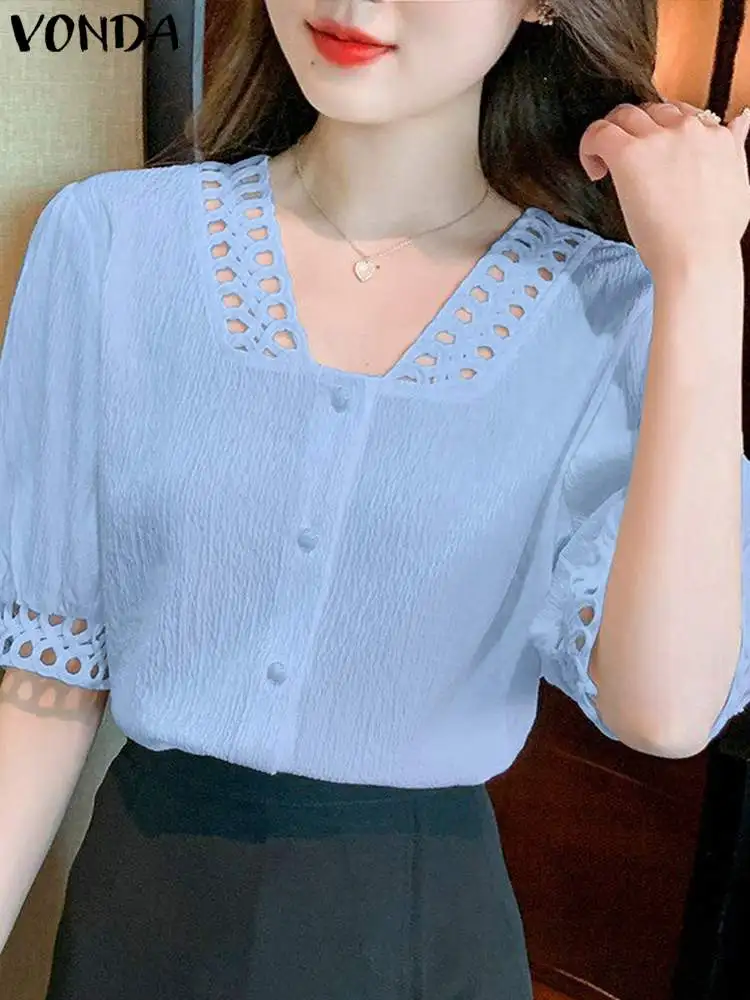 Women Elegant Blouse VONDA 2024 Summer Shirts Casual Hollow Out Short Sleeve Lace Patchwork Tunic Tops Solid Color V Neck Blusas