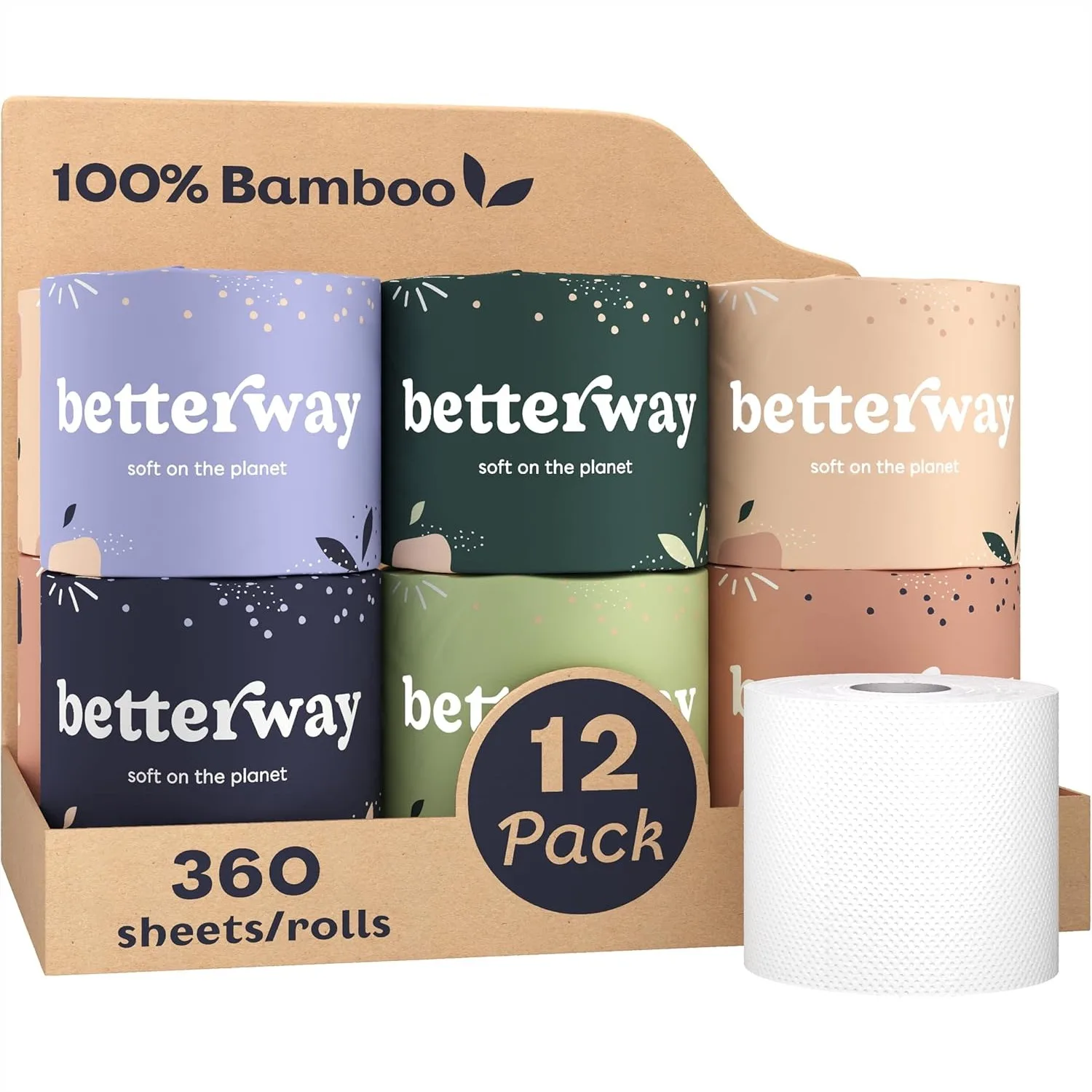 

Bamboo Toilet Paper 3 Ply - 12 Long-Lasting Rolls with 360 Sheets Per Roll, Septic Safe, Plastic & PFAS Free