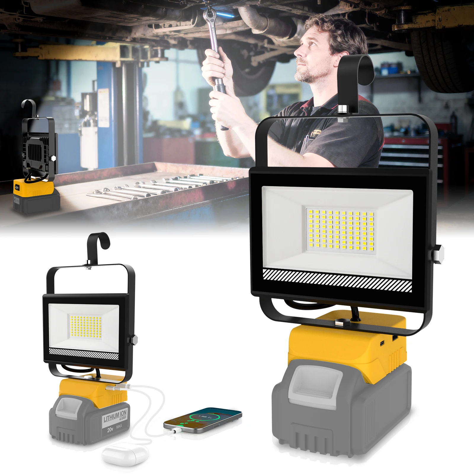 48W/60W/100W Portable LED Work Light Rechargeable LED Flood Light for Dewalt 18V-20V Li-ion Battery Cordless Work Light 6000k
