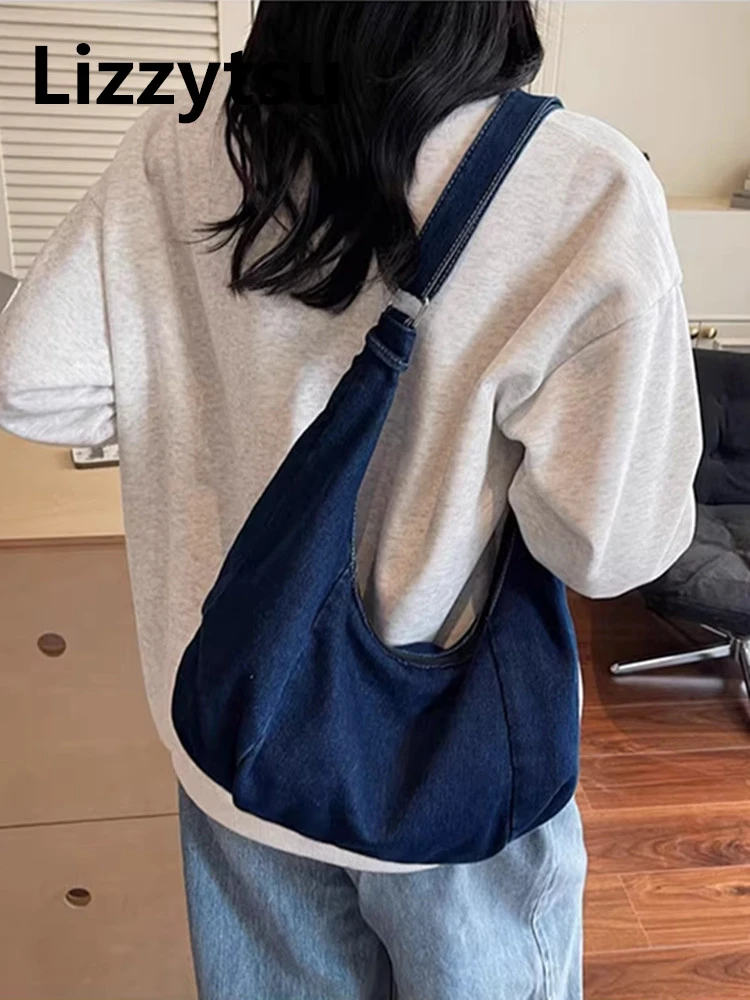 

Lizzytsu Vintage Luxury Design Denim Bag Women Easymatch Solid Shoulder Bag Streetwear Korean Large Capacity Hobos Bag