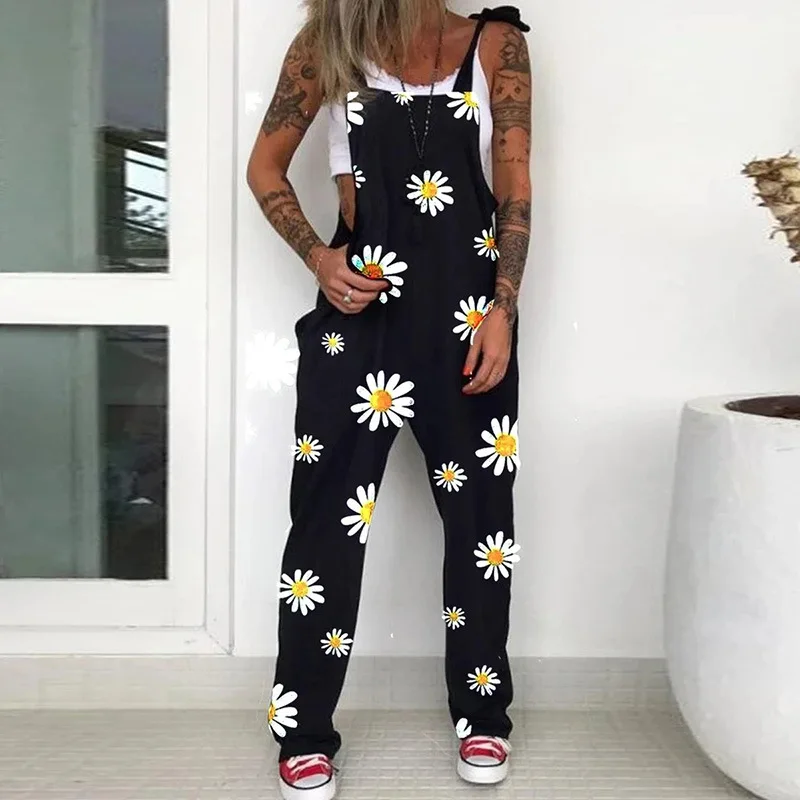 European Fashion Gothic Skull Print Jumpsuits Plus Size 5xl Women Spaghetti Strap Trouser Sexy Pocket Design Overalls Bodysuit