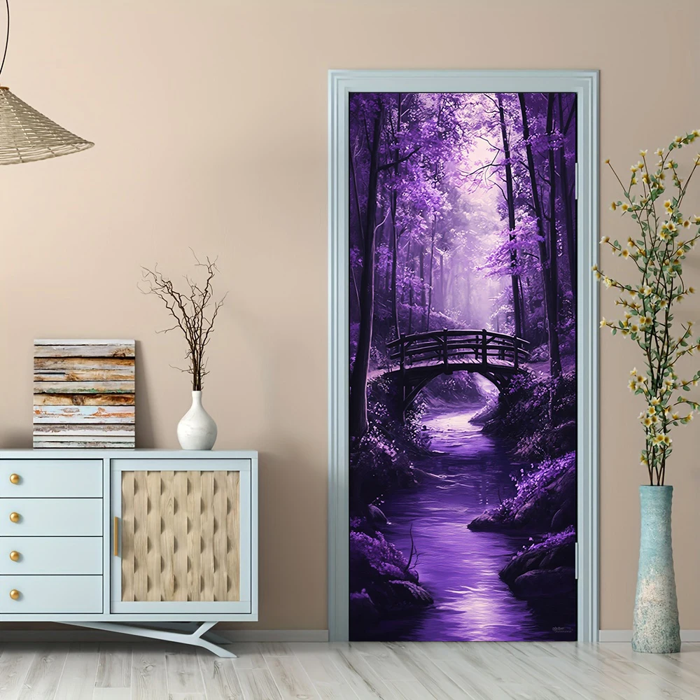1pcs Self Adhesive Removable Vinyl Door Stickers Dreamy Purple Forest Bridge View Door Stickers Beautiful Moonlight Stream Entra