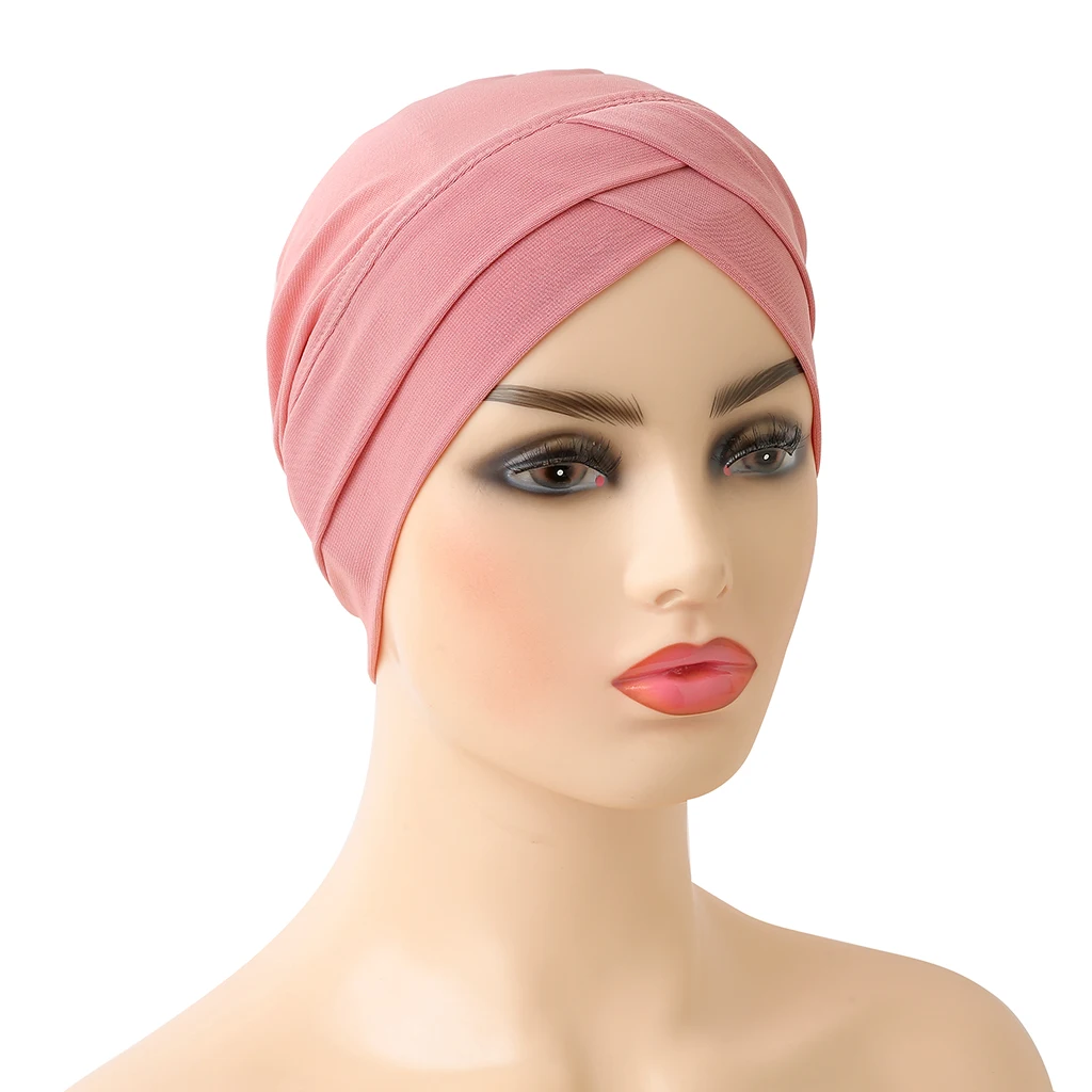 H117 Criss Crossed Muslim Turban Pure Color Stretch Inner Hijabs For Caps Ready To Wear Women Head Scarf Under Bonnet