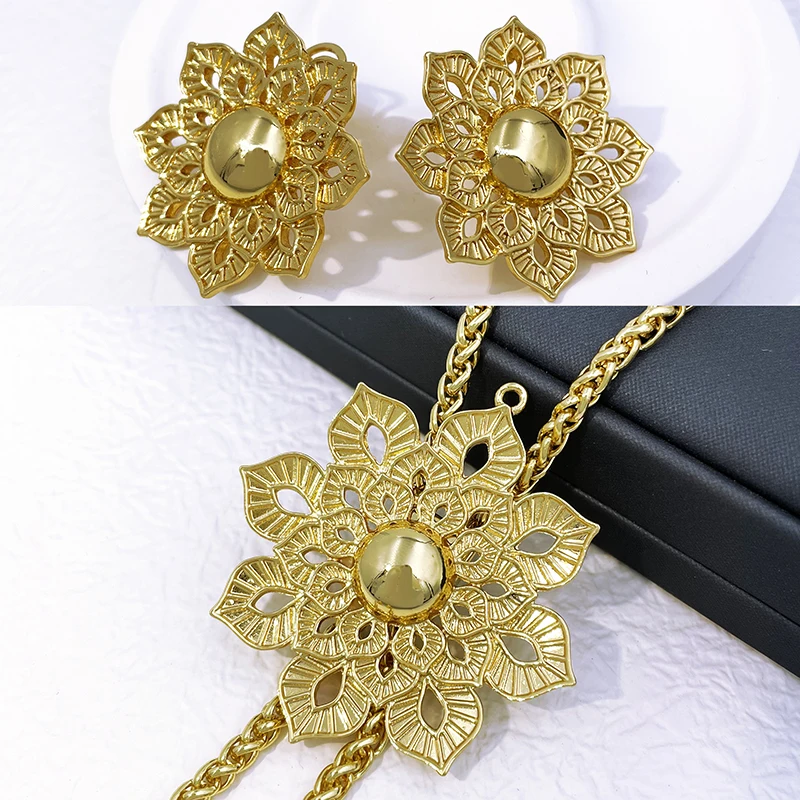 Women Necklace Earrings Set Unique Sweater Long Chain Elegant Flower Pendant Adjustable Length Wedding Party Accessories