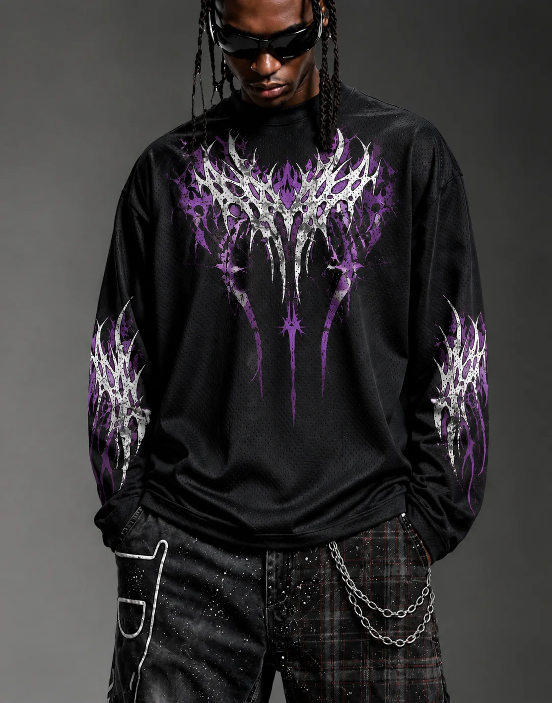 Y2K Dark Tribal Thorn Print Mesh Long Sleeve Jersey, Gothic Grunge Loose Streetwear Top, Unisex Edgy Aesthetic Shirt