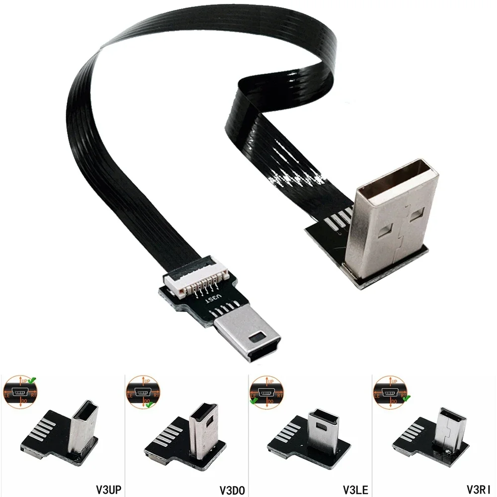 FPC 5CM-100CM Mini USB typ B 5pin męski lewego prawego pod kątem 90 stopni do USB 2.0 męski kabel danych 0.25m 0.5m