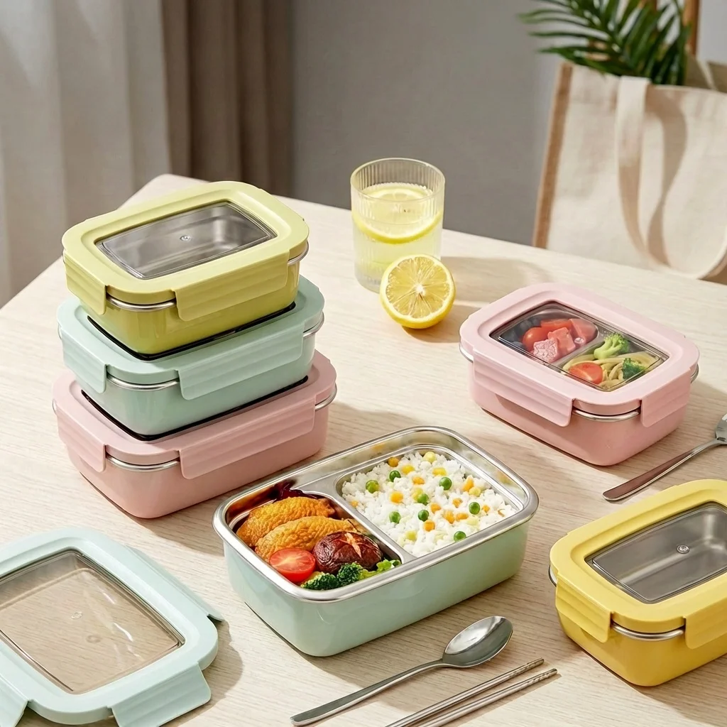 304 Stainless Steel Bento Lunch Box For Kids Students Single/Double Compartment Sealed Portable Food Container Microwave Safe