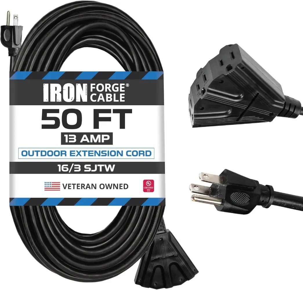 

50 Ft Black Extension Cord with 3 Outlet 50 Foot 3 Prong Cable, Great for Outdoor Lights Landscaping & Lawn