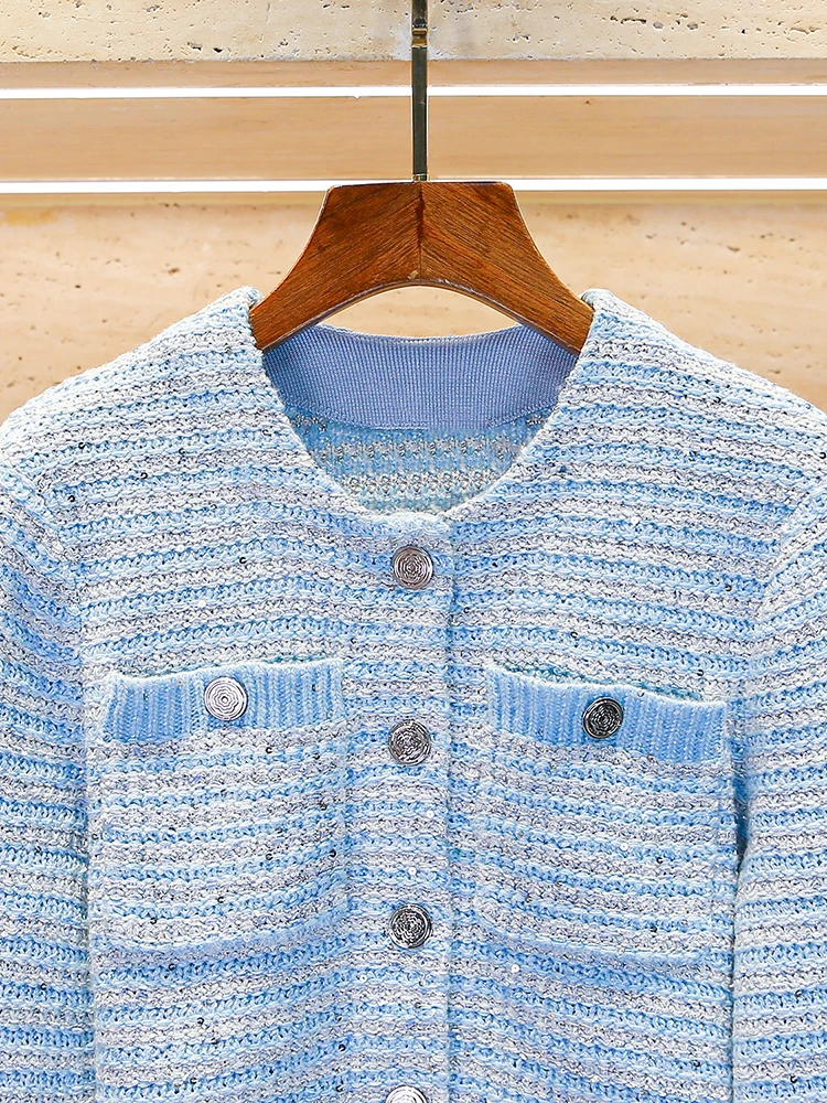 M 홈 난 유 고급 여성 니트 가디건 2025년 봄 초시즌 스몰 프래그런스 스타일 블루 화이트 스트라이프 재킷