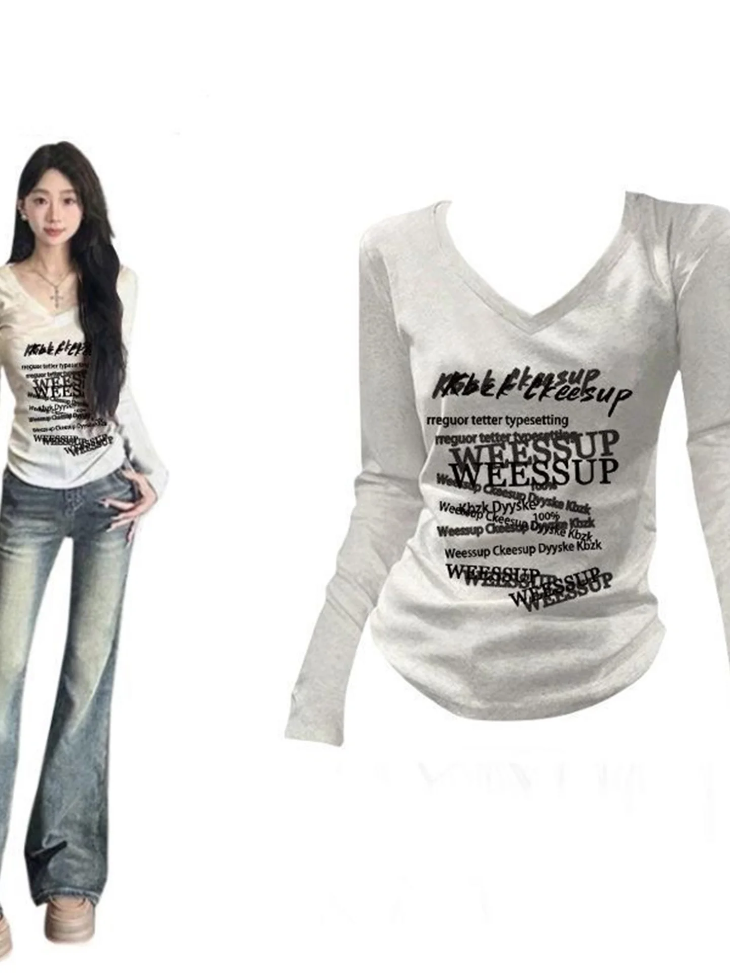 

Slim Fit Long Sve V-Ne T-irt Women's Autumn Winter Inner Wear ort Base irt Student Sle Design Casual Faion