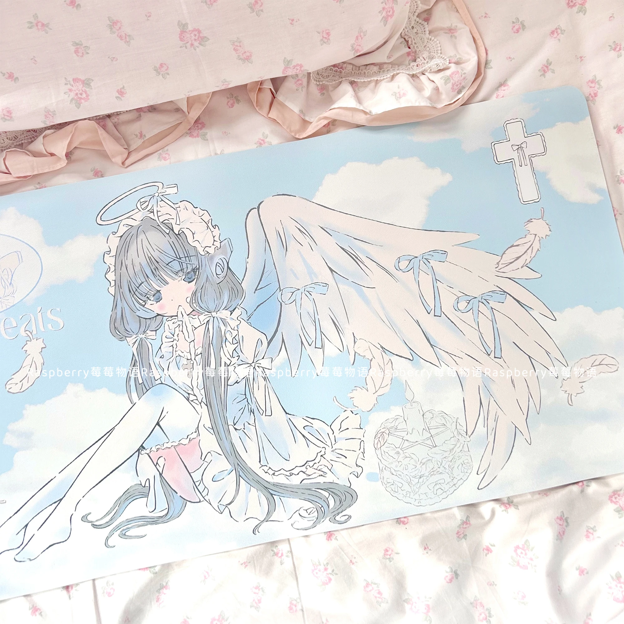 حصيرة مكتب من جلد البولي يوريثان باللون الأزرق المائي Angel Girl |   لوحة ماوس مقاومة للماء وغير قابلة للانزلاق على الطراز الياباني، ديكور كبير أصلي لطيف كاواي