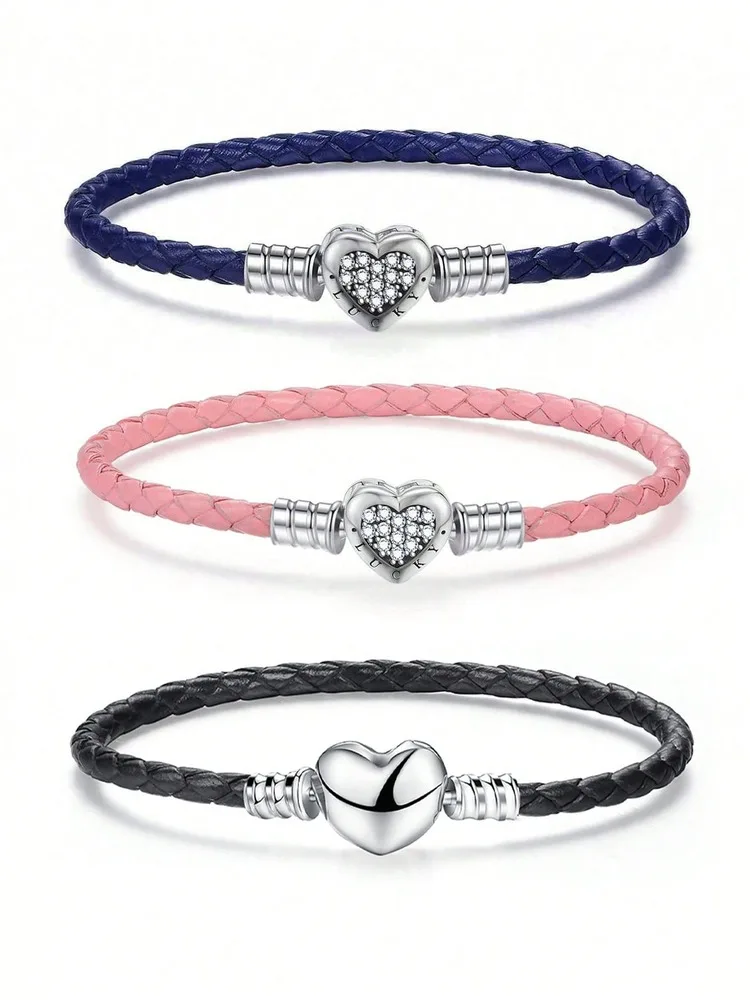 

925 Sterling Silver Love Heart Bead Black Leather Rope Bracelet DIY Making Fit Original Bracelets for Women Fine Jewelry Gift